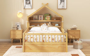 English Elm Full Size Pine House Bed with Peaked Roofline Headboard Shelf and Safety Rails Natural N709P395661N