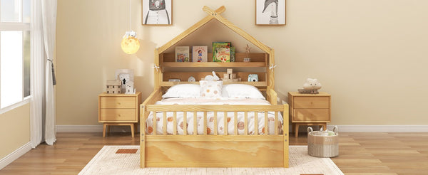 English Elm Full Size Pine House Bed with Peaked Roofline Headboard Shelf and Safety Rails Natural N709P395661N