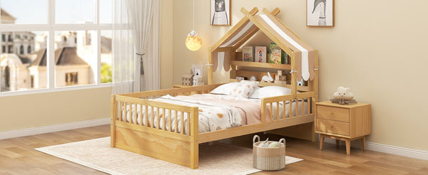 English Elm Full Size Pine House Bed with Peaked Roofline Headboard Shelf and Safety Rails Natural N709P395661N