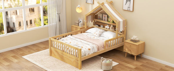 English Elm Full Size Pine House Bed with Peaked Roofline Headboard Shelf and Safety Rails Natural N709P395661N