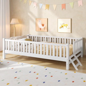 English Elm Wood Twin Platform Bed with Full Guardrails Solid Pine Slat Support No Box Spring White N709P426866K