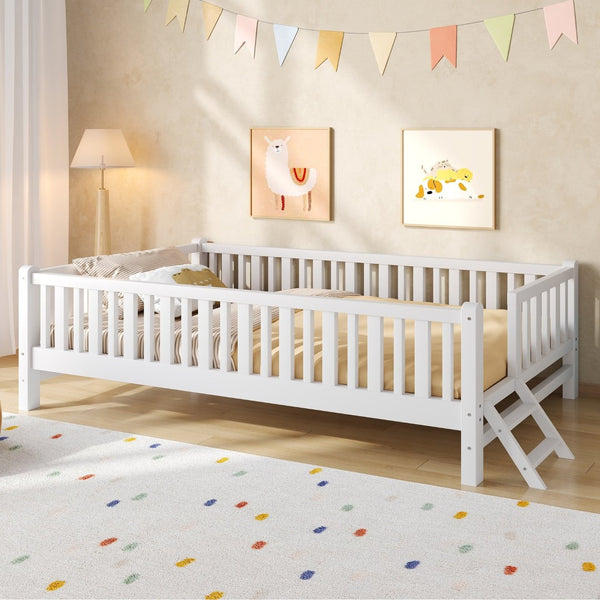 English Elm Wood Twin Platform Bed with Full Guardrails Solid Pine Slat Support No Box Spring White N709P426866K