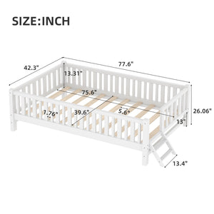 English Elm Wood Twin Platform Bed with Full Guardrails Solid Pine Slat Support No Box Spring White N709P426866K