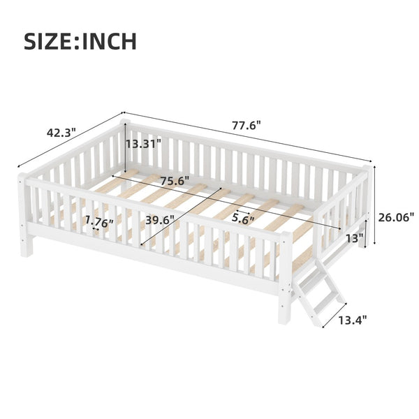 English Elm Wood Twin Platform Bed with Full Guardrails Solid Pine Slat Support No Box Spring White N709P426866K