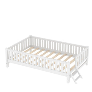 English Elm Wood Twin Platform Bed with Full Guardrails Solid Pine Slat Support No Box Spring White N709P426866K