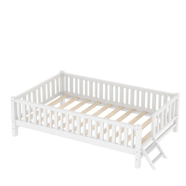 English Elm Wood Twin Platform Bed with Full Guardrails Solid Pine Slat Support No Box Spring White N709P426866K