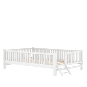 English Elm Wood Twin Platform Bed with Full Guardrails Solid Pine Slat Support No Box Spring White N709P426866K