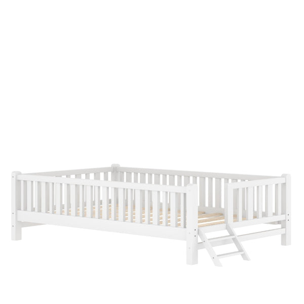 English Elm Wood Twin Platform Bed with Full Guardrails Solid Pine Slat Support No Box Spring White N709P426866K