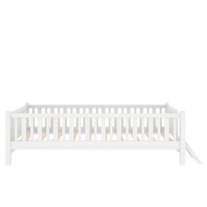 English Elm Wood Twin Platform Bed with Full Guardrails Solid Pine Slat Support No Box Spring White N709P426866K
