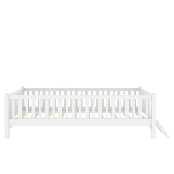 English Elm Wood Twin Platform Bed with Full Guardrails Solid Pine Slat Support No Box Spring White N709P426866K