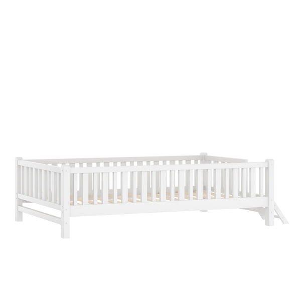 English Elm Wood Twin Platform Bed with Full Guardrails Solid Pine Slat Support No Box Spring White N709P426866K