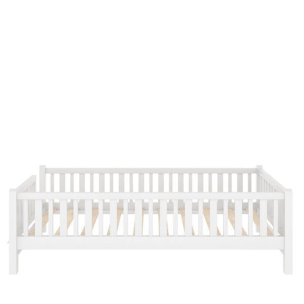 English Elm Wood Twin Platform Bed with Full Guardrails Solid Pine Slat Support No Box Spring White N709P426866K
