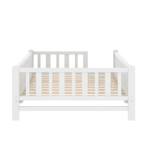 English Elm Wood Twin Platform Bed with Full Guardrails Solid Pine Slat Support No Box Spring White N709P426866K