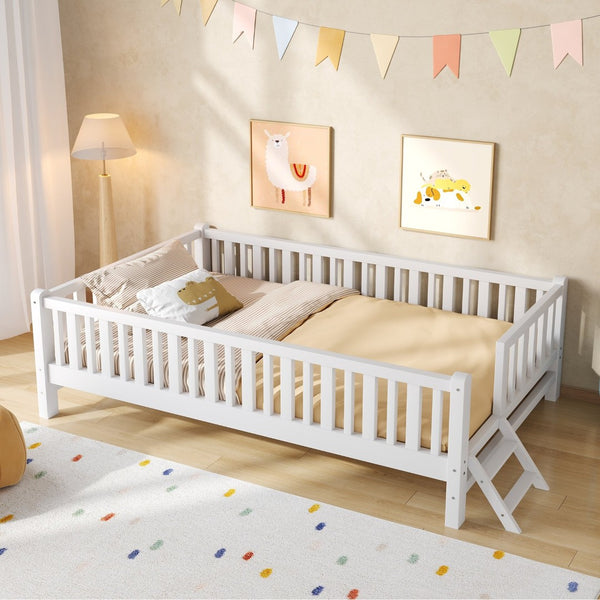 English Elm Wood Twin Platform Bed with Full Guardrails Solid Pine Slat Support No Box Spring White N709P426866K