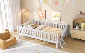 English Elm Wood Twin Platform Bed with Full Guardrails Solid Pine Slat Support No Box Spring White N709P426866K