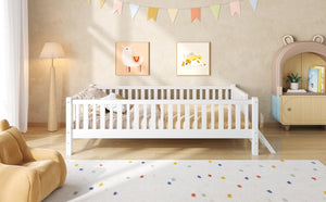English Elm Wood Twin Platform Bed with Full Guardrails Solid Pine Slat Support No Box Spring White N709P426866K