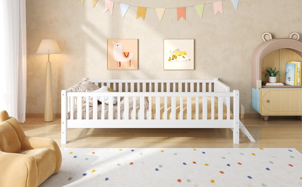 English Elm Wood Twin Platform Bed with Full Guardrails Solid Pine Slat Support No Box Spring White N709P426866K