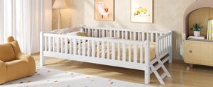 English Elm Wood Twin Platform Bed with Full Guardrails Solid Pine Slat Support No Box Spring White N709P426866K