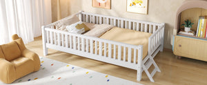 English Elm Wood Twin Platform Bed with Full Guardrails Solid Pine Slat Support No Box Spring White N709P426866K