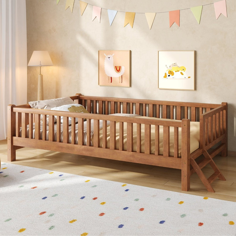 English Elm Wood Twin Platform Bed with Full Guardrails Solid Pine Slat Support No Box Spring Walnut N709P426866L