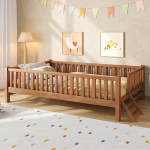 English Elm Wood Twin Platform Bed with Full Guardrails Solid Pine Slat Support No Box Spring Walnut N709P426866L