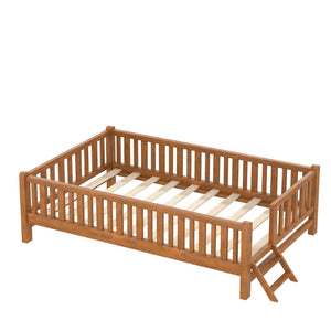English Elm Wood Twin Platform Bed with Full Guardrails Solid Pine Slat Support No Box Spring Walnut N709P426866L