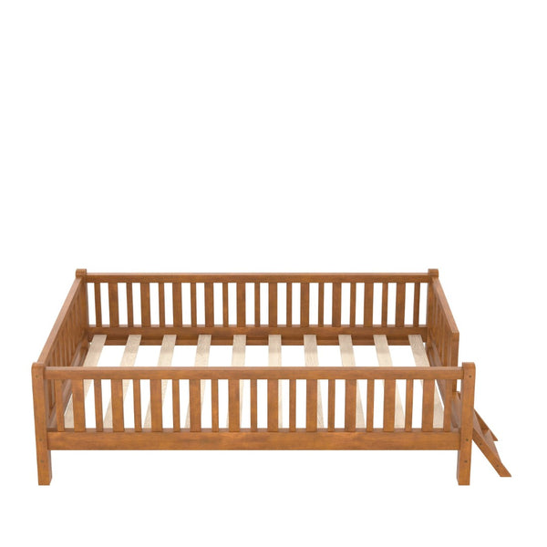 English Elm Wood Twin Platform Bed with Full Guardrails Solid Pine Slat Support No Box Spring Walnut N709P426866L