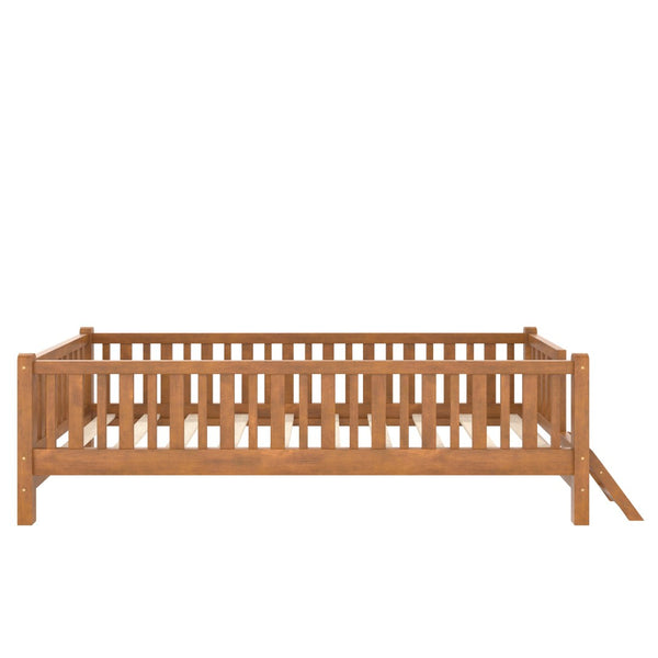 English Elm Wood Twin Platform Bed with Full Guardrails Solid Pine Slat Support No Box Spring Walnut N709P426866L