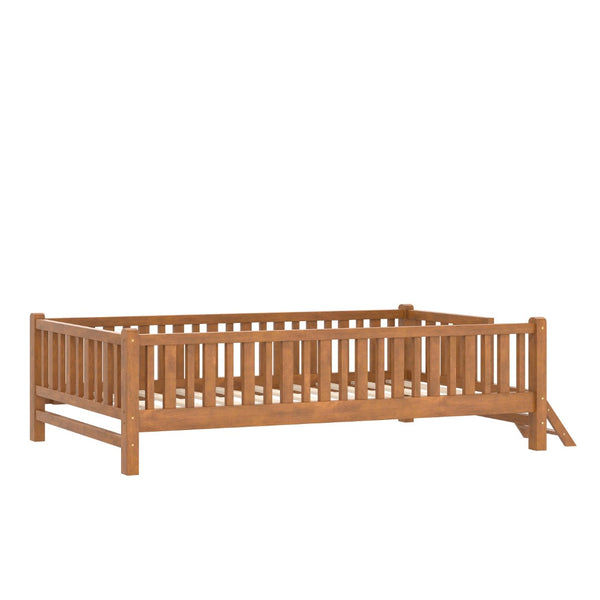 English Elm Wood Twin Platform Bed with Full Guardrails Solid Pine Slat Support No Box Spring Walnut N709P426866L