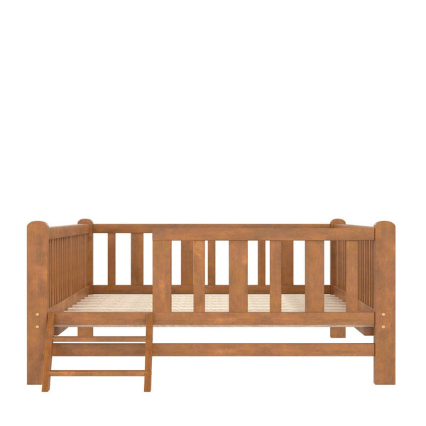 English Elm Wood Twin Platform Bed with Full Guardrails Solid Pine Slat Support No Box Spring Walnut N709P426866L