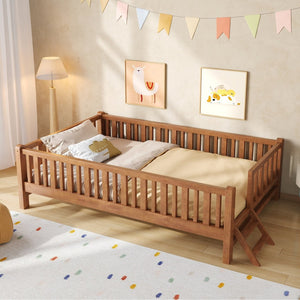English Elm Wood Twin Platform Bed with Full Guardrails Solid Pine Slat Support No Box Spring Walnut N709P426866L