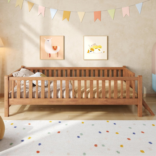 English Elm Wood Twin Platform Bed with Full Guardrails Solid Pine Slat Support No Box Spring Walnut N709P426866L