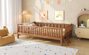 English Elm Wood Twin Platform Bed with Full Guardrails Solid Pine Slat Support No Box Spring Walnut N709P426866L
