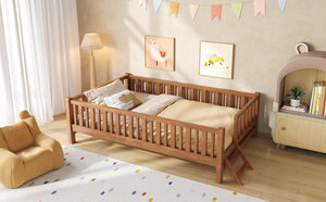 English Elm Wood Twin Platform Bed with Full Guardrails Solid Pine Slat Support No Box Spring Walnut N709P426866L