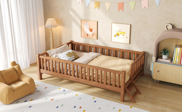 English Elm Wood Twin Platform Bed with Full Guardrails Solid Pine Slat Support No Box Spring Walnut N709P426866L