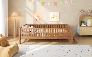 English Elm Wood Twin Platform Bed with Full Guardrails Solid Pine Slat Support No Box Spring Walnut N709P426866L