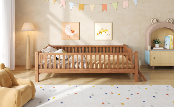 English Elm Wood Twin Platform Bed with Full Guardrails Solid Pine Slat Support No Box Spring Walnut N709P426866L
