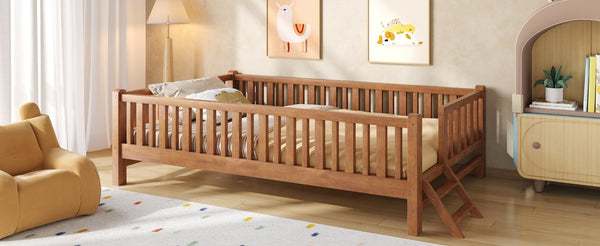 English Elm Wood Twin Platform Bed with Full Guardrails Solid Pine Slat Support No Box Spring Walnut N709P426866L