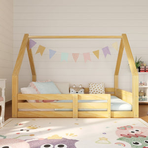 English Elm Twin Size House Bed Wood Floor Frame with Gable Roof Guardrails Grooved Panel Natural Twin N709P430696N