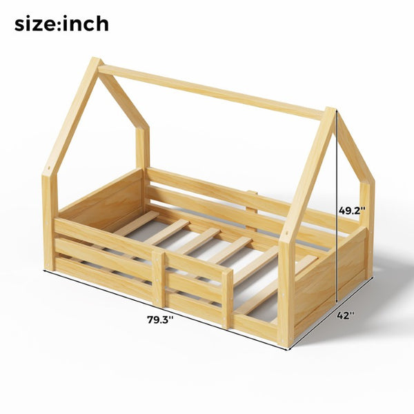 English Elm Twin Size House Bed Wood Floor Frame with Gable Roof Guardrails Grooved Panel Natural Twin N709P430696N