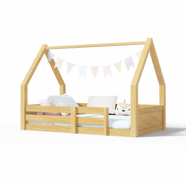 English Elm Twin Size House Bed Wood Floor Frame with Gable Roof Guardrails Grooved Panel Natural Twin N709P430696N