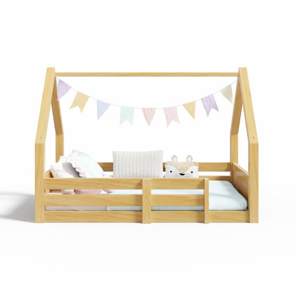 English Elm Twin Size House Bed Wood Floor Frame with Gable Roof Guardrails Grooved Panel Natural Twin N709P430696N
