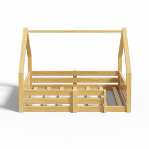 English Elm Twin Size House Bed Wood Floor Frame with Gable Roof Guardrails Grooved Panel Natural Twin N709P430696N