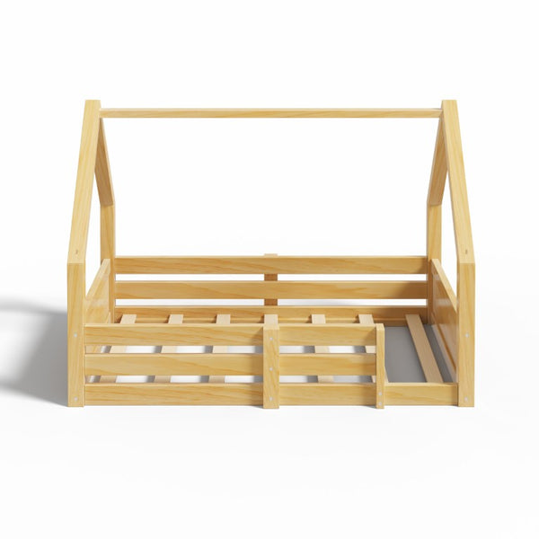 English Elm Twin Size House Bed Wood Floor Frame with Gable Roof Guardrails Grooved Panel Natural Twin N709P430696N