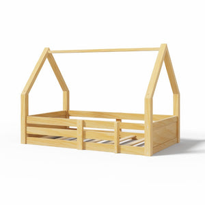 English Elm Twin Size House Bed Wood Floor Frame with Gable Roof Guardrails Grooved Panel Natural Twin N709P430696N