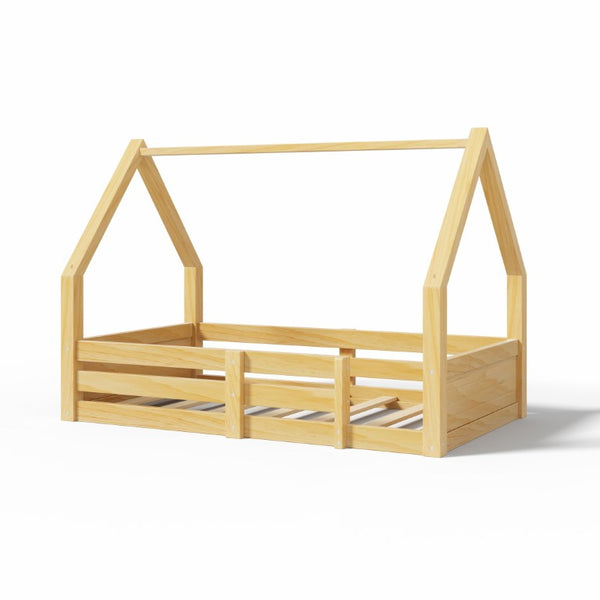 English Elm Twin Size House Bed Wood Floor Frame with Gable Roof Guardrails Grooved Panel Natural Twin N709P430696N