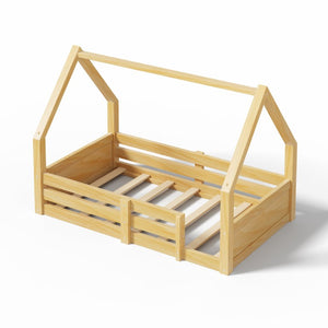 English Elm Twin Size House Bed Wood Floor Frame with Gable Roof Guardrails Grooved Panel Natural Twin N709P430696N