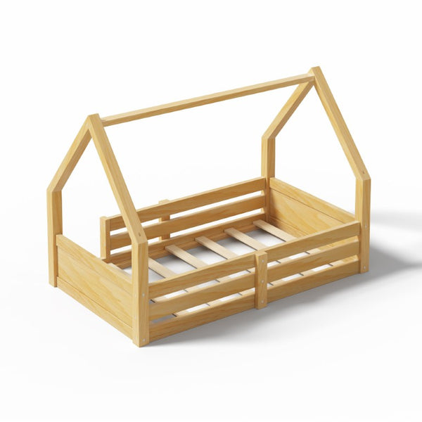English Elm Twin Size House Bed Wood Floor Frame with Gable Roof Guardrails Grooved Panel Natural Twin N709P430696N