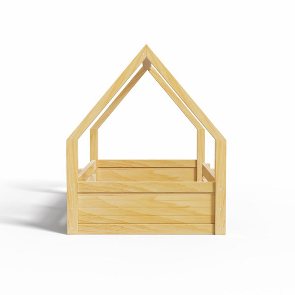 English Elm Twin Size House Bed Wood Floor Frame with Gable Roof Guardrails Grooved Panel Natural Twin N709P430696N