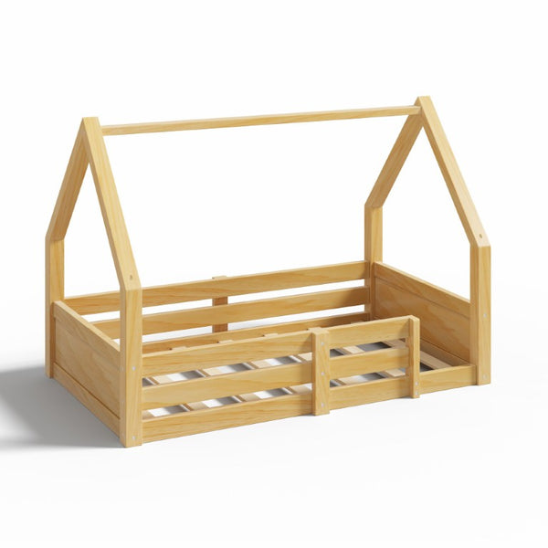 English Elm Twin Size House Bed Wood Floor Frame with Gable Roof Guardrails Grooved Panel Natural Twin N709P430696N